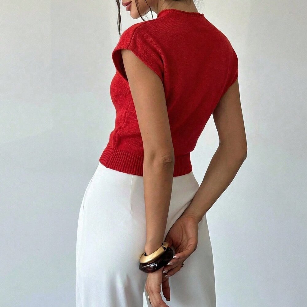 Red Casual Elegant Women's High Neck Knit Sleeveless Sweater Vest - Picture 2 of 7